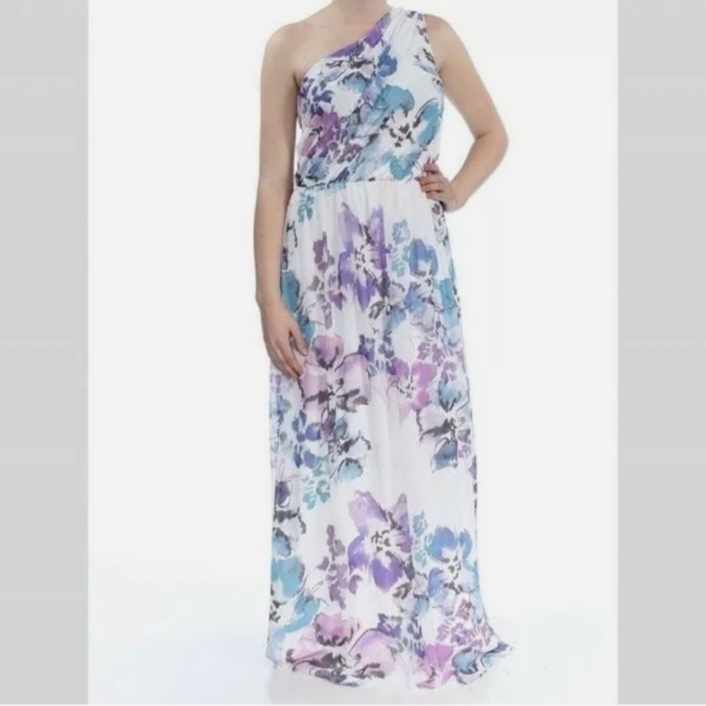 Ralph Lauren Floral Chiffon One Shoulder Gown Maxi Dress Purple Size 2